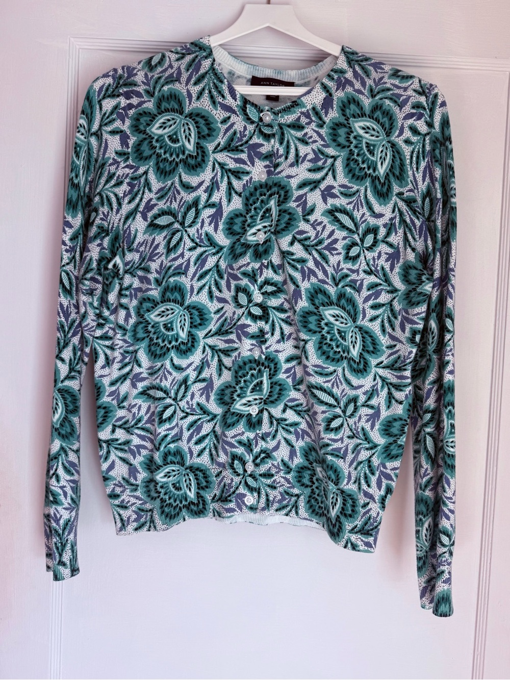 Ann Taylor Teal Green Floral Cardigan